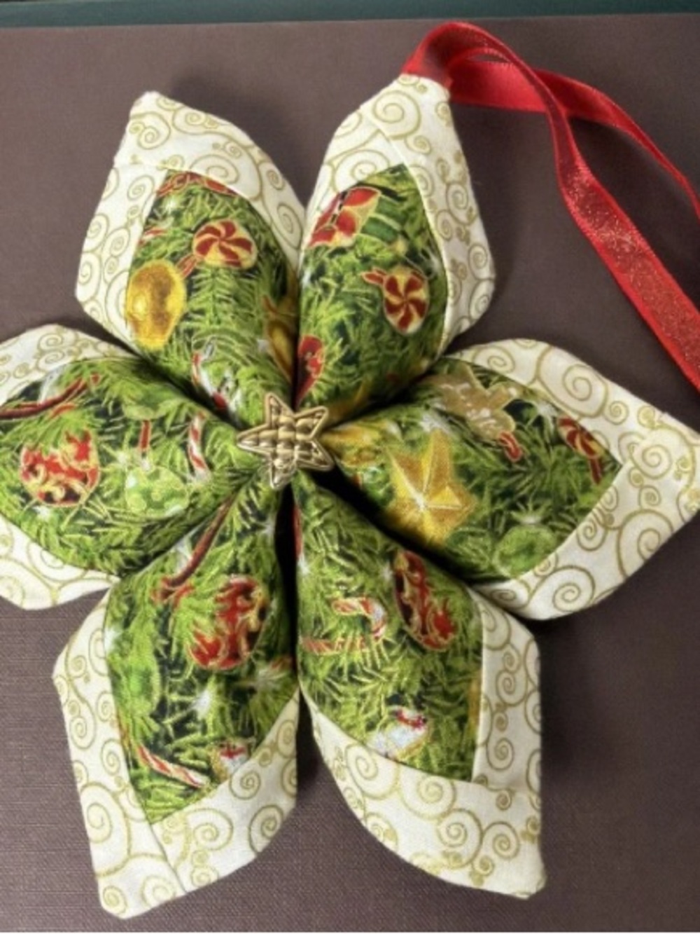 Green & White Fabric Poinsettia Holiday Ornament with Red Ribbon